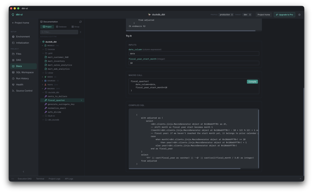 dbt-ui docs macro try it panel