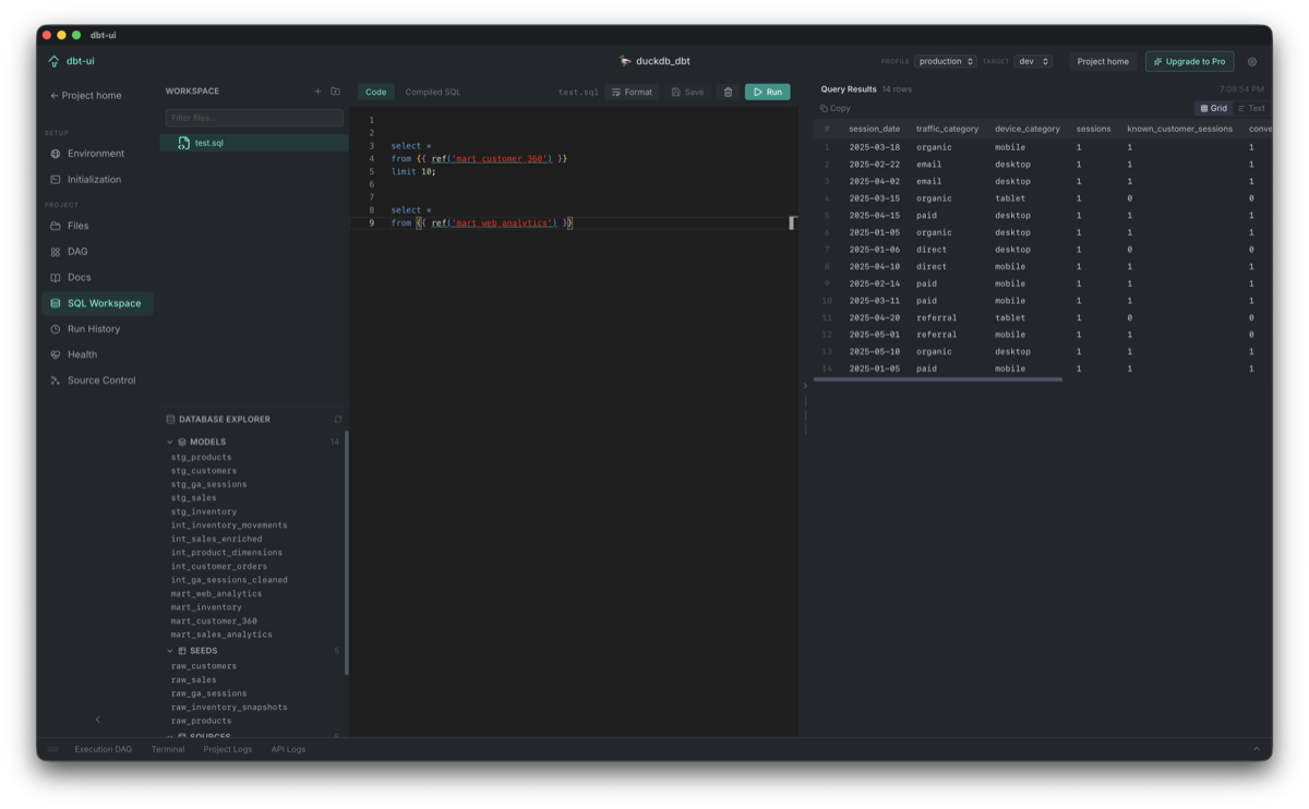dbt-ui SQL workspace with query results